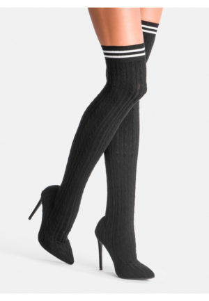 Cizme negre la moda lungi peste genunchi cu toc stiletto dintr-un material lejer si confortabil Pamila