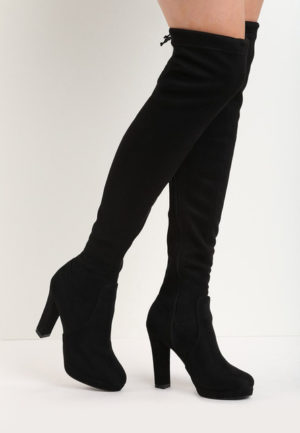 Cizme negre de ocazie elegante lungi peste genunchi cu toc inalt si usoara platforma Reva